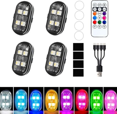 4 قطع أضواء LED لاسلكية للسيارة، ضوء وامض قابل لإعادة الشحن USB من النوع C، أضواء ستروب للتحكم عن بعد لشاحنة بدون طيار ودراجة نارية ودراجة نارية، 8 ألوان ضوء تحذير ستروب للطوارئ in Kuwait