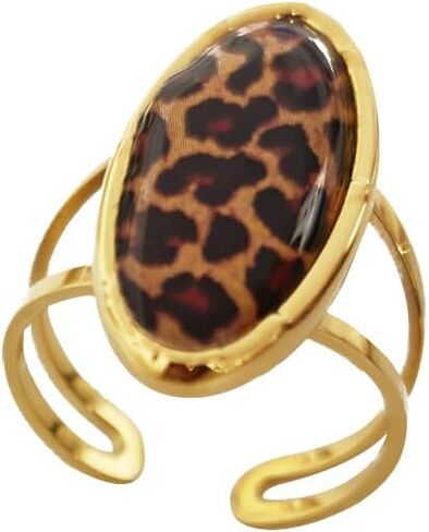 Boho Leopard Print Gold-Tone Statement Ring for Women Trendy Vintage Geometry Oval Adjustable Ring Unique Open Band Comfort Fit Punk Style 80/90s Costume Jewelry Y2K Cocktail Party Prom Accessories in Saudi Arabia