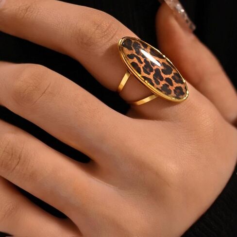Boho Leopard Print Gold-Tone Statement Ring for Women Trendy Vintage Geometry Oval Adjustable Ring Unique Open Band Comfort Fit Punk Style 80/90s Costume Jewelry Y2K Cocktail Party Prom Accessories in Saudi Arabia