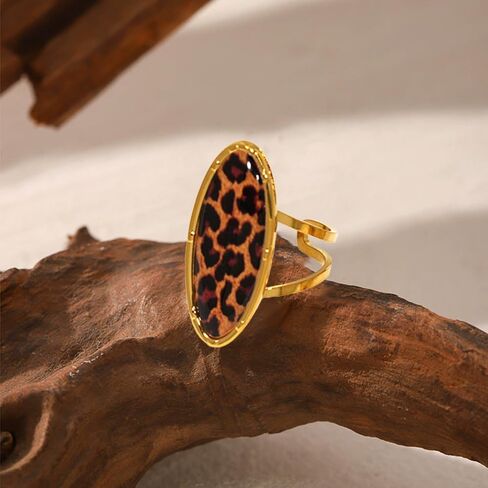 Boho Leopard Print Gold-Tone Statement Ring for Women Trendy Vintage Geometry Oval Adjustable Ring Unique Open Band Comfort Fit Punk Style 80/90s Costume Jewelry Y2K Cocktail Party Prom Accessories in Saudi Arabia