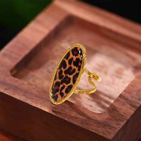 Boho Leopard Print Gold-Tone Statement Ring for Women Trendy Vintage Geometry Oval Adjustable Ring Unique Open Band Comfort Fit Punk Style 80/90s Costume Jewelry Y2K Cocktail Party Prom Accessories in Saudi Arabia