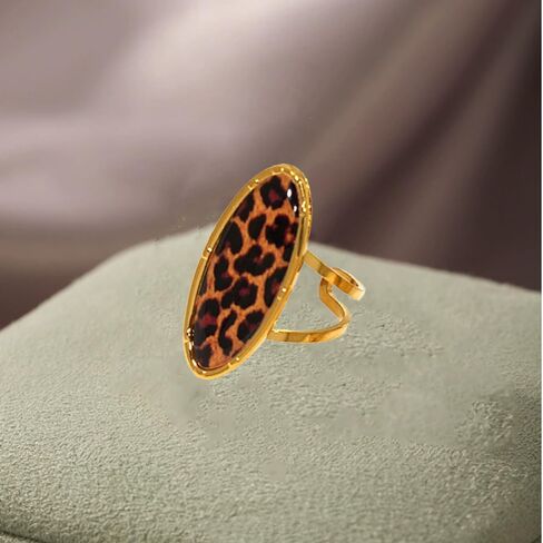 Boho Leopard Print Gold-Tone Statement Ring for Women Trendy Vintage Geometry Oval Adjustable Ring Unique Open Band Comfort Fit Punk Style 80/90s Costume Jewelry Y2K Cocktail Party Prom Accessories in Saudi Arabia