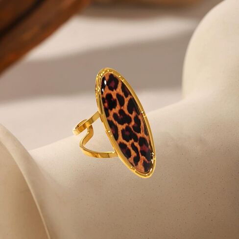 Boho Leopard Print Gold-Tone Statement Ring for Women Trendy Vintage Geometry Oval Adjustable Ring Unique Open Band Comfort Fit Punk Style 80/90s Costume Jewelry Y2K Cocktail Party Prom Accessories in Saudi Arabia