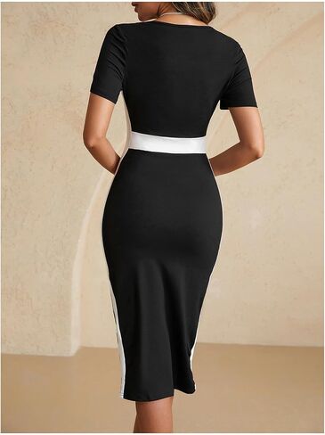 Women's Color Block Square Neck Dress Elegant Short Sleeve Bodycon Midi Dresses in Saudi Arabia
