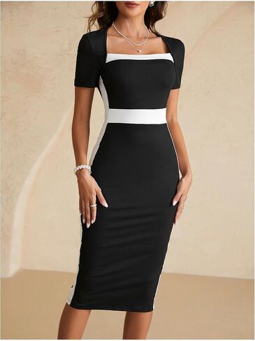Women's Color Block Square Neck Dress Elegant Short Sleeve Bodycon Midi Dresses in Saudi Arabia