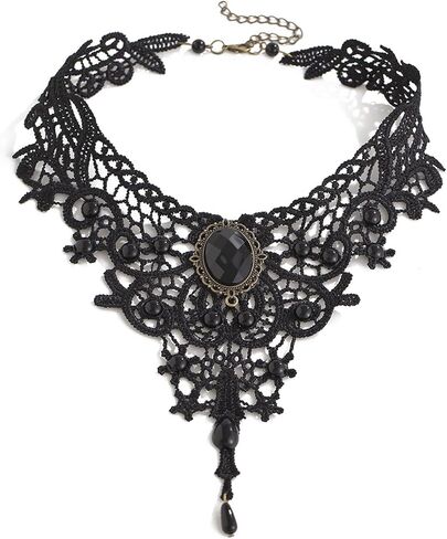 Gothic Black Lace Choker Necklace,Vintage Black Fringe Necklace Punk Style Red/Black Gem Pendant Necklace Retro Goth Lolita Choker Halloween Jewelry Witch Vampire Costume Accessories for Women in Kuwait