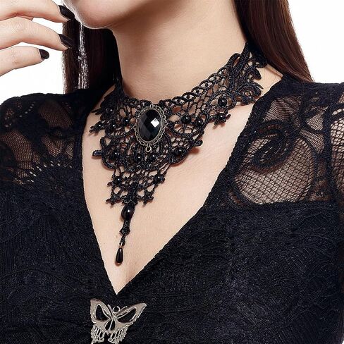 Gothic Black Lace Choker Necklace,Vintage Black Fringe Necklace Punk Style Red/Black Gem Pendant Necklace Retro Goth Lolita Choker Halloween Jewelry Witch Vampire Costume Accessories for Women in Kuwait