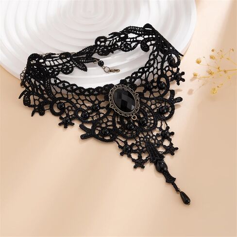 Gothic Black Lace Choker Necklace,Vintage Black Fringe Necklace Punk Style Red/Black Gem Pendant Necklace Retro Goth Lolita Choker Halloween Jewelry Witch Vampire Costume Accessories for Women in Kuwait
