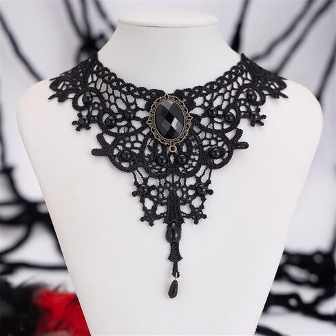 Gothic Black Lace Choker Necklace,Vintage Black Fringe Necklace Punk Style Red/Black Gem Pendant Necklace Retro Goth Lolita Choker Halloween Jewelry Witch Vampire Costume Accessories for Women in Kuwait