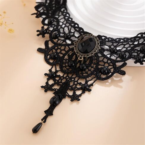 Gothic Black Lace Choker Necklace,Vintage Black Fringe Necklace Punk Style Red/Black Gem Pendant Necklace Retro Goth Lolita Choker Halloween Jewelry Witch Vampire Costume Accessories for Women in Kuwait