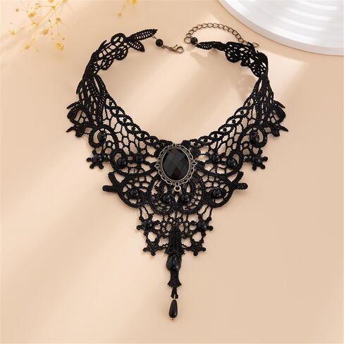 Gothic Black Lace Choker Necklace,Vintage Black Fringe Necklace Punk Style Red/Black Gem Pendant Necklace Retro Goth Lolita Choker Halloween Jewelry Witch Vampire Costume Accessories for Women in Kuwait