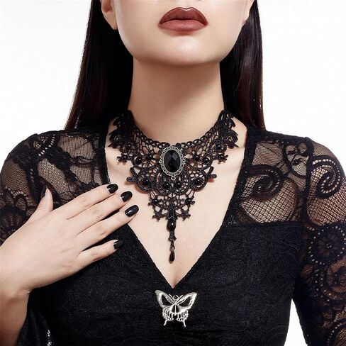 Gothic Black Lace Choker Necklace,Vintage Black Fringe Necklace Punk Style Red/Black Gem Pendant Necklace Retro Goth Lolita Choker Halloween Jewelry Witch Vampire Costume Accessories for Women in Kuwait