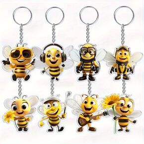 8pcs Set 2D Flat Cute Cartoon Bee Keychain Pendant- Comes with Metal Key Ring Chain, Charming Backpack Accessory, Holiday Decoration Pendant, Gift for Birthday Parties and Home Decor in Kuwait