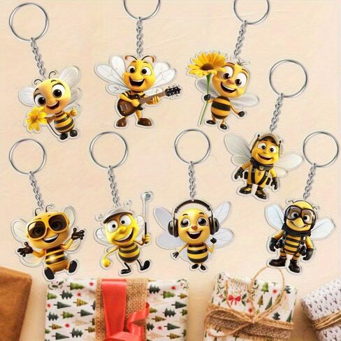 8pcs Set 2D Flat Cute Cartoon Bee Keychain Pendant- Comes with Metal Key Ring Chain, Charming Backpack Accessory, Holiday Decoration Pendant, Gift for Birthday Parties and Home Decor in Saudi Arabia