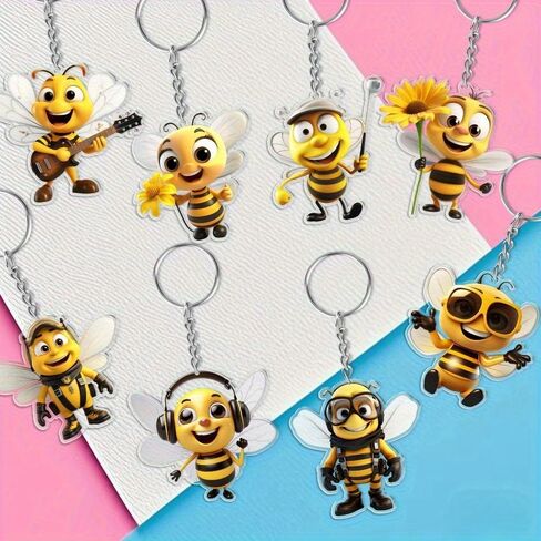 8pcs Set 2D Flat Cute Cartoon Bee Keychain Pendant- Comes with Metal Key Ring Chain, Charming Backpack Accessory, Holiday Decoration Pendant, Gift for Birthday Parties and Home Decor in Saudi Arabia