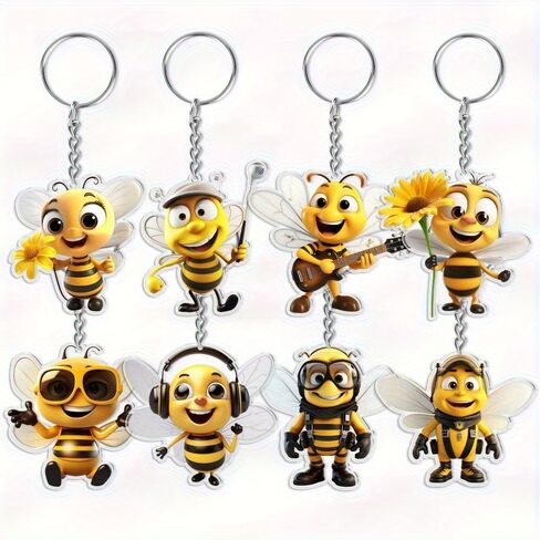 8pcs Set 2D Flat Cute Cartoon Bee Keychain Pendant- Comes with Metal Key Ring Chain, Charming Backpack Accessory, Holiday Decoration Pendant, Gift for Birthday Parties and Home Decor in Saudi Arabia