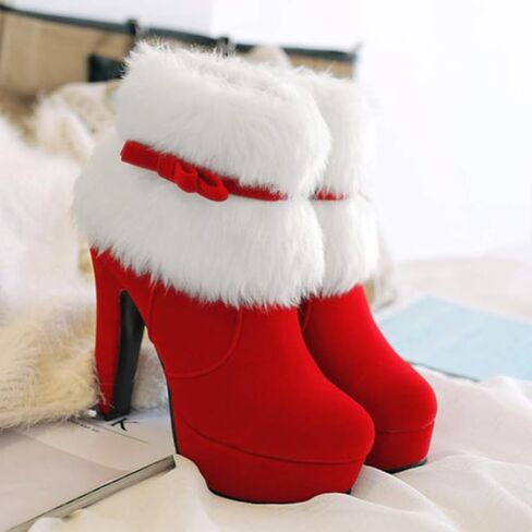 Winter Warm Faux Fur Zipper Short Boots Chunky High Heels Bowknot Zip Ankle Booties for Women Girls 23CM in Saudi Arabia