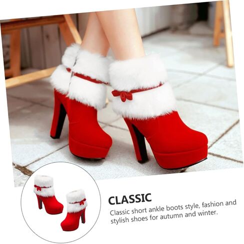 Winter Warm Faux Fur Zipper Short Boots Chunky High Heels Bowknot Zip Ankle Booties for Women Girls 23CM in Saudi Arabia