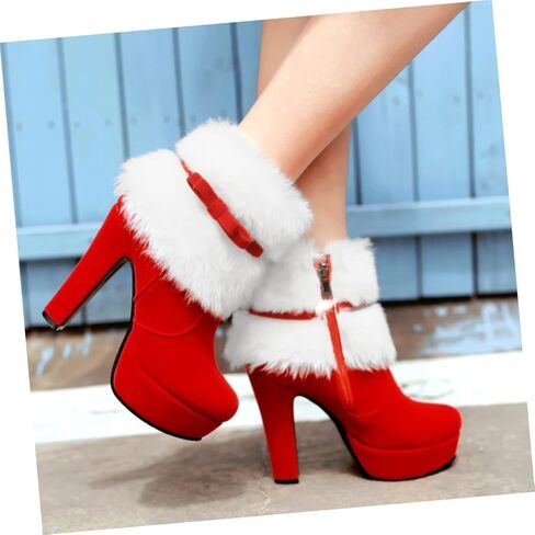 Winter Warm Faux Fur Zipper Short Boots Chunky High Heels Bowknot Zip Ankle Booties for Women Girls 23CM in Saudi Arabia
