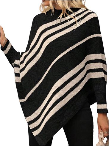 Milumia Women's Striped Mock Neck Knitted Poncho Sweater Dolman Long Sleeve Loose Tops in Saudi Arabia
