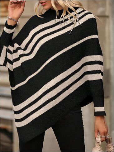 Milumia Women's Striped Mock Neck Knitted Poncho Sweater Dolman Long Sleeve Loose Tops in Saudi Arabia