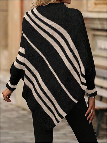 Milumia Women's Striped Mock Neck Knitted Poncho Sweater Dolman Long Sleeve Loose Tops in Saudi Arabia