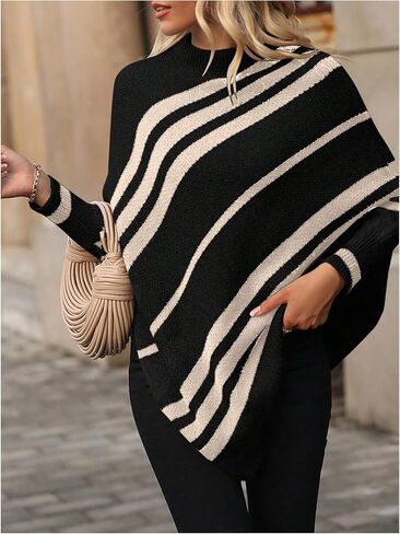 Milumia Women's Striped Mock Neck Knitted Poncho Sweater Dolman Long Sleeve Loose Tops in Saudi Arabia