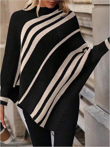 Milumia Women's Striped Mock Neck Knitted Poncho Sweater Dolman Long Sleeve Loose Tops in Saudi Arabia