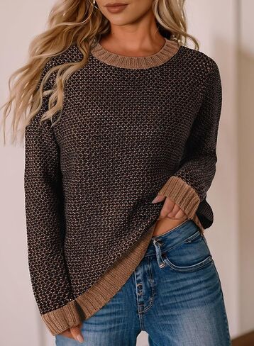 Sidefeel Women's Long Sleeve Pullover Sweaters Casual Crewneck Chunky Knit Color Block Jumper Tops in Saudi Arabia
