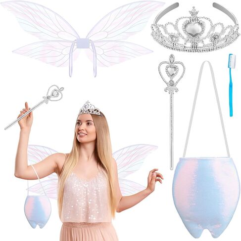 Geyoga 4 Pcs Tooth Halloween Fairy Costume Include Fairy Wing Sparkling Tooth Bag Crown Wand for Adult Cosplay Party Supplies in Saudi Arabia
