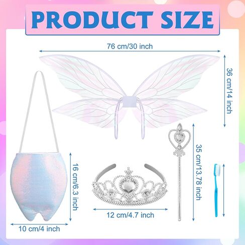 Geyoga 4 Pcs Tooth Halloween Fairy Costume Include Fairy Wing Sparkling Tooth Bag Crown Wand for Adult Cosplay Party Supplies in Saudi Arabia