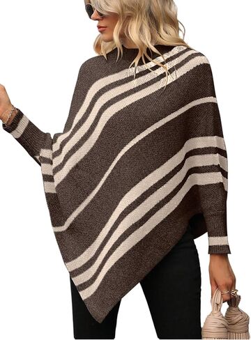 Milumia Women's Striped Mock Neck Knitted Poncho Sweater Dolman Long Sleeve Loose Tops in Saudi Arabia