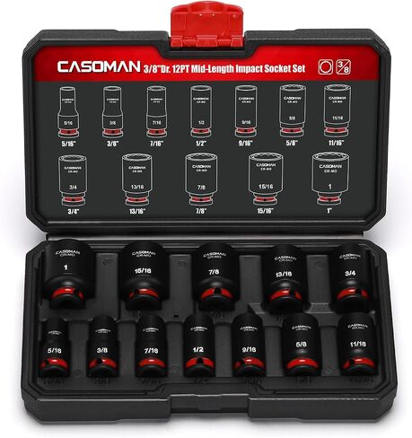 CASOMAN 12-Pieces 3/8" Drive Mid-Length Impact Socket Set, 12-Point, SAE, 5/16-Inch to 1-Inch, CR-MO Steel, with Storage Case in Saudi Arabia