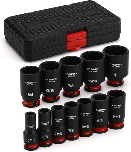CASOMAN 12-Pieces 3/8" Drive Mid-Length Impact Socket Set, 12-Point, SAE, 5/16-Inch to 1-Inch, CR-MO Steel, with Storage Case in Saudi Arabia