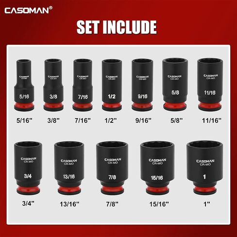 CASOMAN 12-Pieces 3/8" Drive Mid-Length Impact Socket Set, 12-Point, SAE, 5/16-Inch to 1-Inch, CR-MO Steel, with Storage Case in Saudi Arabia