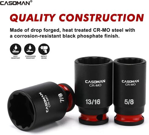 CASOMAN 12-Pieces 3/8" Drive Mid-Length Impact Socket Set, 12-Point, SAE, 5/16-Inch to 1-Inch, CR-MO Steel, with Storage Case in Saudi Arabia