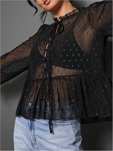 WDIRARA Women's Polka Dots Sheer Mesh Blouses Flared Tie Neck Lantern Sleeve Shirts in Saudi Arabia