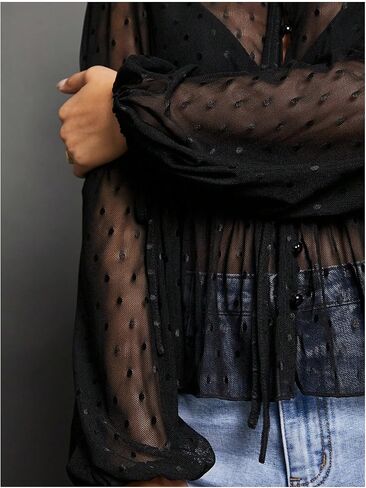WDIRARA Women's Polka Dots Sheer Mesh Blouses Flared Tie Neck Lantern Sleeve Shirts in Saudi Arabia