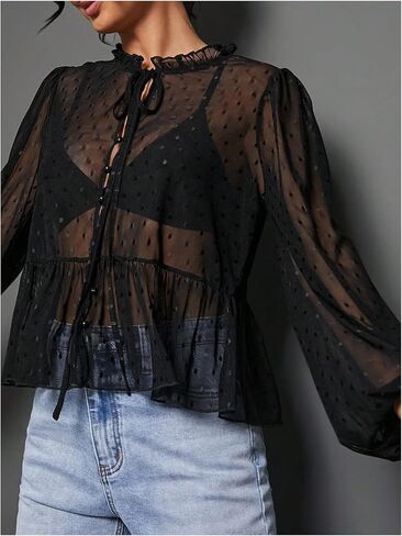 WDIRARA Women's Polka Dots Sheer Mesh Blouses Flared Tie Neck Lantern Sleeve Shirts in Saudi Arabia