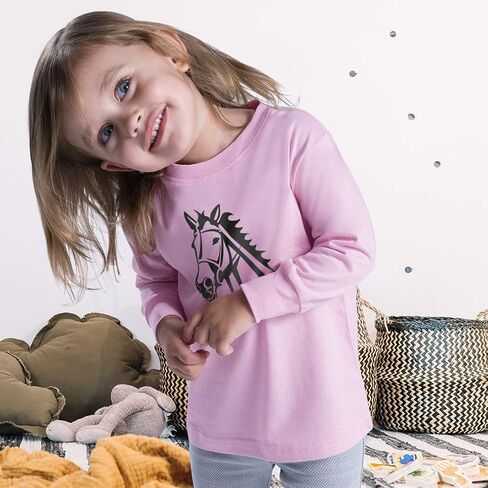 تي شيرت للأطفال بأكمام طويلة، رأس الحصان، ملابس قطنية للأولاد والبنات، تي شيرت برسومات مضحكة، تصميم أكسفورد رمادي فقط 2T in Saudi Arabia