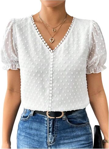 WDIRARA Women's Plus Size Swiss Dots Puff Short Sleeve Blouse Dressy Casual V Neck Shirt Tops in Saudi Arabia