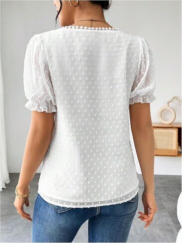 WDIRARA Women's Plus Size Swiss Dots Puff Short Sleeve Blouse Dressy Casual V Neck Shirt Tops in Saudi Arabia
