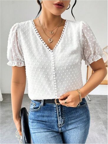 WDIRARA Women's Plus Size Swiss Dots Puff Short Sleeve Blouse Dressy Casual V Neck Shirt Tops in Saudi Arabia