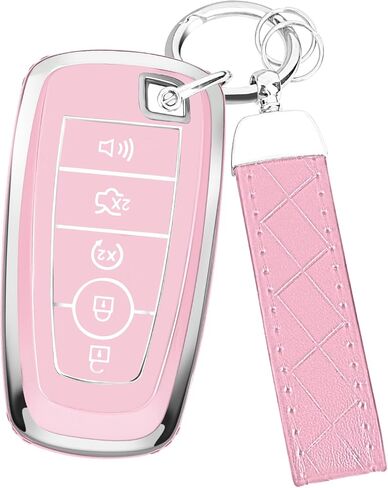 غطاء FUNTOR Key Fob لسيارة Ford Explorer Maverick Mustang Fusion Escape Edge F150 F250 F350، واقي مفتاح TPU ممتاز مع سلسلة مفاتيح جلدية ومفك براغي، حافظة تحكم عن بعد بخمسة أزرار (وردي) in Kuwait