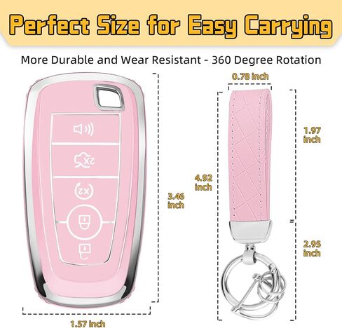 غطاء FUNTOR Key Fob لسيارة Ford Explorer Maverick Mustang Fusion Escape Edge F150 F250 F350، واقي مفتاح TPU ممتاز مع سلسلة مفاتيح جلدية ومفك براغي، حافظة تحكم عن بعد بخمسة أزرار (وردي) in Kuwait