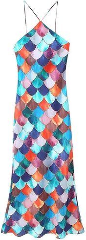 Women Satin Printed Halter Sleeveless Evening Party Long Dresses in Saudi Arabia