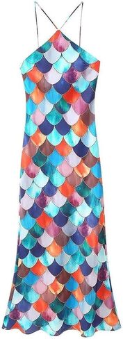 Women Satin Printed Halter Sleeveless Evening Party Long Dresses in Saudi Arabia
