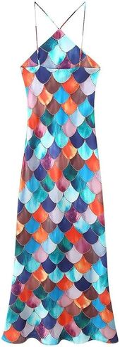Women Satin Printed Halter Sleeveless Evening Party Long Dresses in Saudi Arabia
