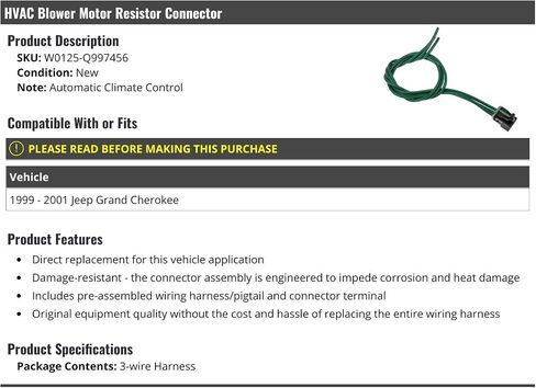 HVAC Blower Motor Resistor Connector - Compatible with 1999-2001 Jeep Grand Cherokee (with Automatic Climate Control) in Saudi Arabia