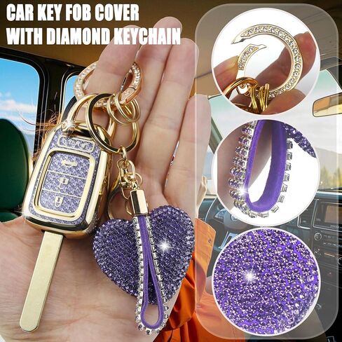 Key Fob Cover with Diamond Heart Keychain, Car Key Shell for Women, Compatible with Honda 2013-2016 Accord Crosstour 2014-2015 CR-V Civic 2016-2017 HR-V Protector (4 Buttons-Silver) in Saudi Arabia
